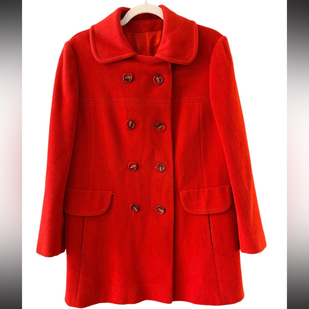 True vintage rare wool cherry red pea coat size L